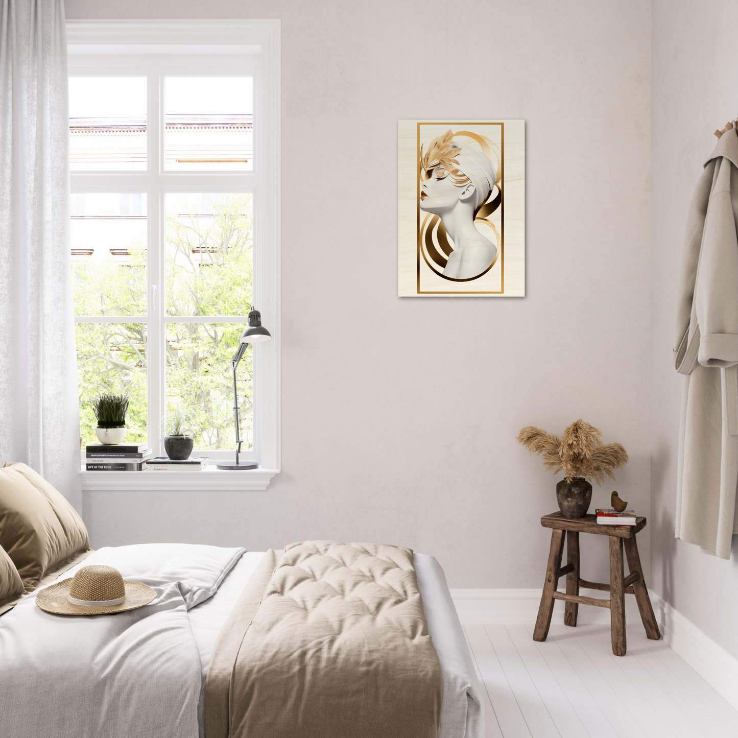 Bright, airy bedroom with white decor and natural accents.