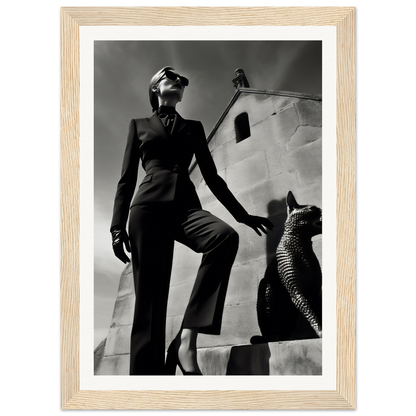 Stylishly dressed figure posing confidently next to a sculptural cat form.