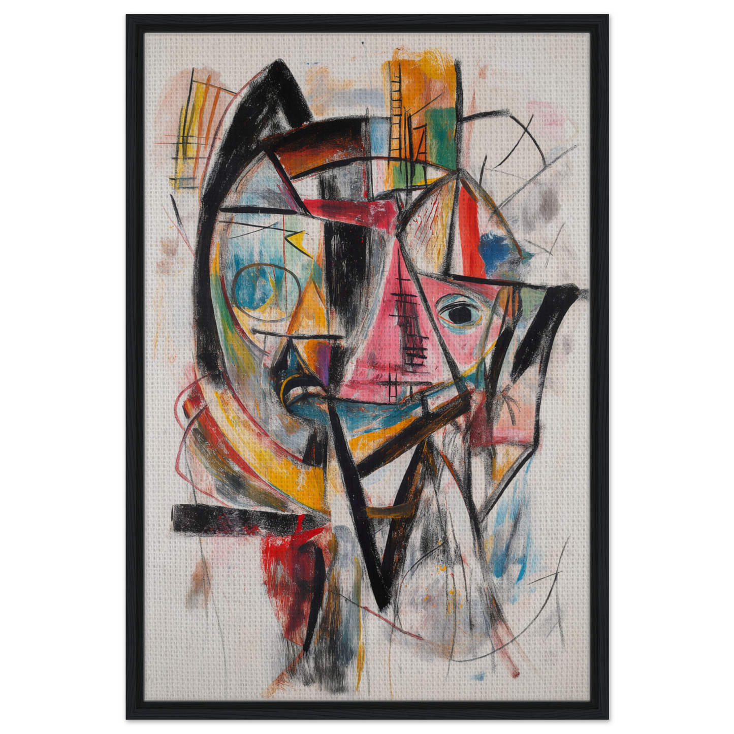 Abstract painting of a colorful, fragmented face in the Fragmented Vortex Delirium style