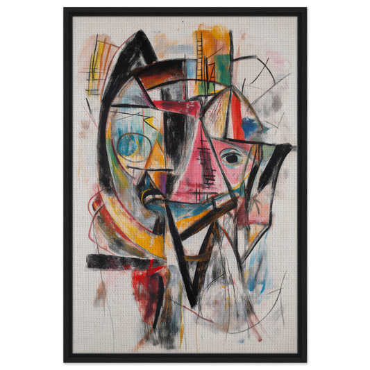 Abstract painting of a colorful, fragmented face in the Fragmented Vortex Delirium style