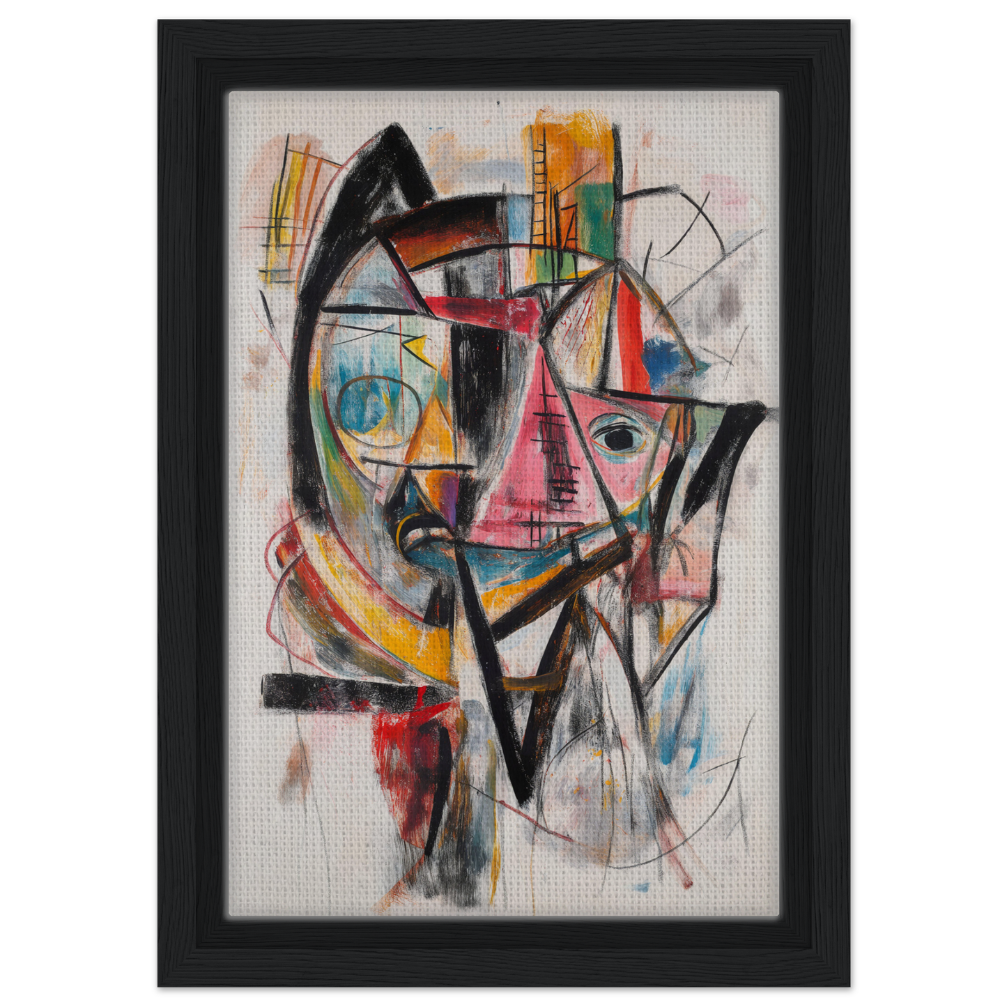 Abstract painting of Fragmented Vortex Delirium, vibrant face-like design for room decor