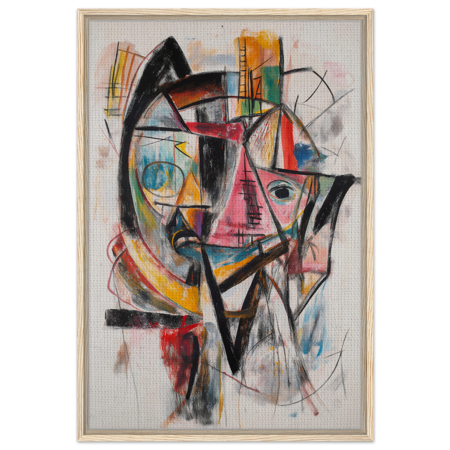 Abstract painting of a colorful face-like composition for Fragmented Vortex Delirium room decor