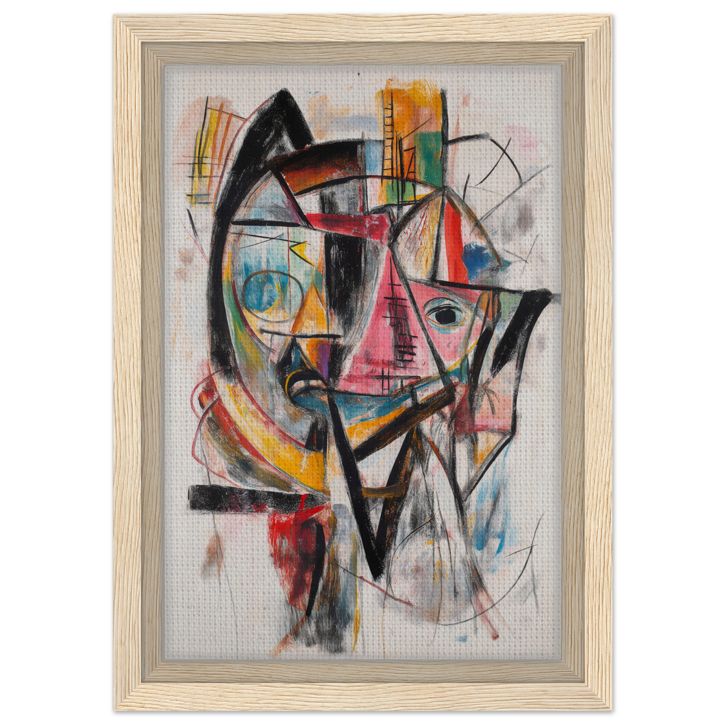 Abstract painting of a colorful face-like composition for Fragmented Vortex Delirium room decor