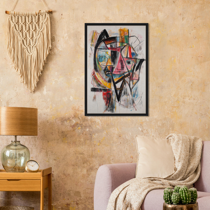 Abstract painting in a black frame, showcasing vibrant colors and geometric shapes, Fragmented Vortex Delirium room decor