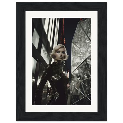 Framed photograph of a woman in a glittery dark outfit standing amid urban architecture at night.