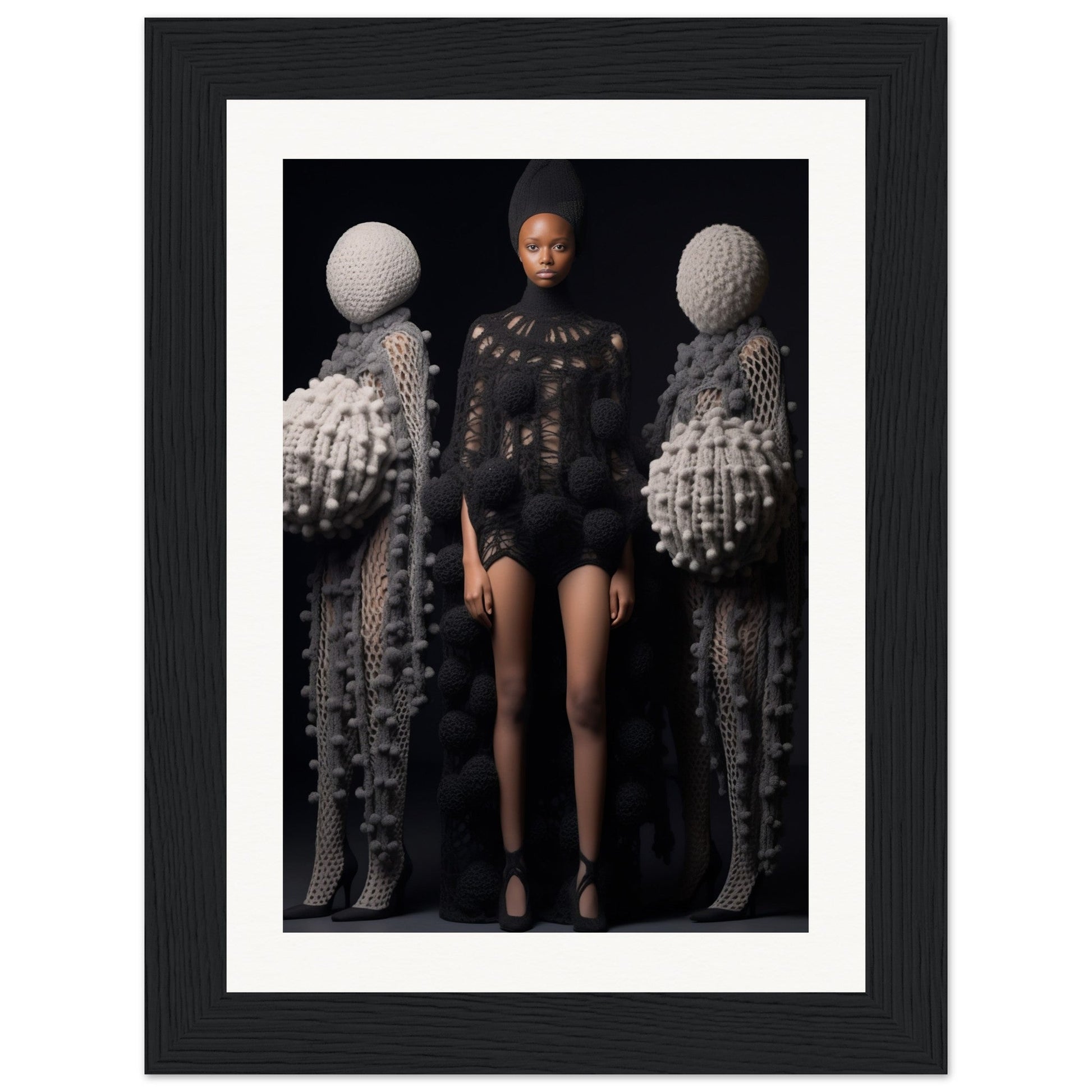 Framed photograph of a person in a black outfit flanked by two figures with spherical heads and textured bodies.