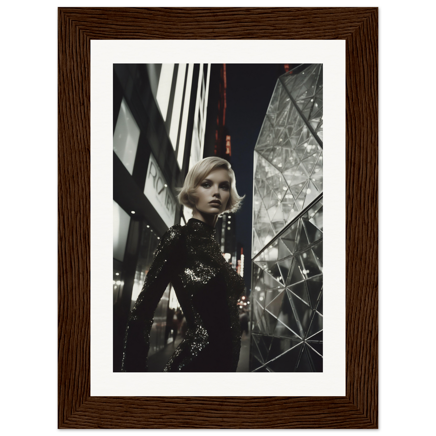 Framed photograph of a woman in a glittery dark outfit against an urban nighttime backdrop.