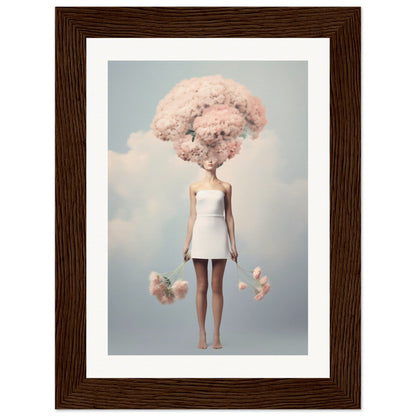 A surreal figure with cotton candy-like hair and body wearing a white dress.