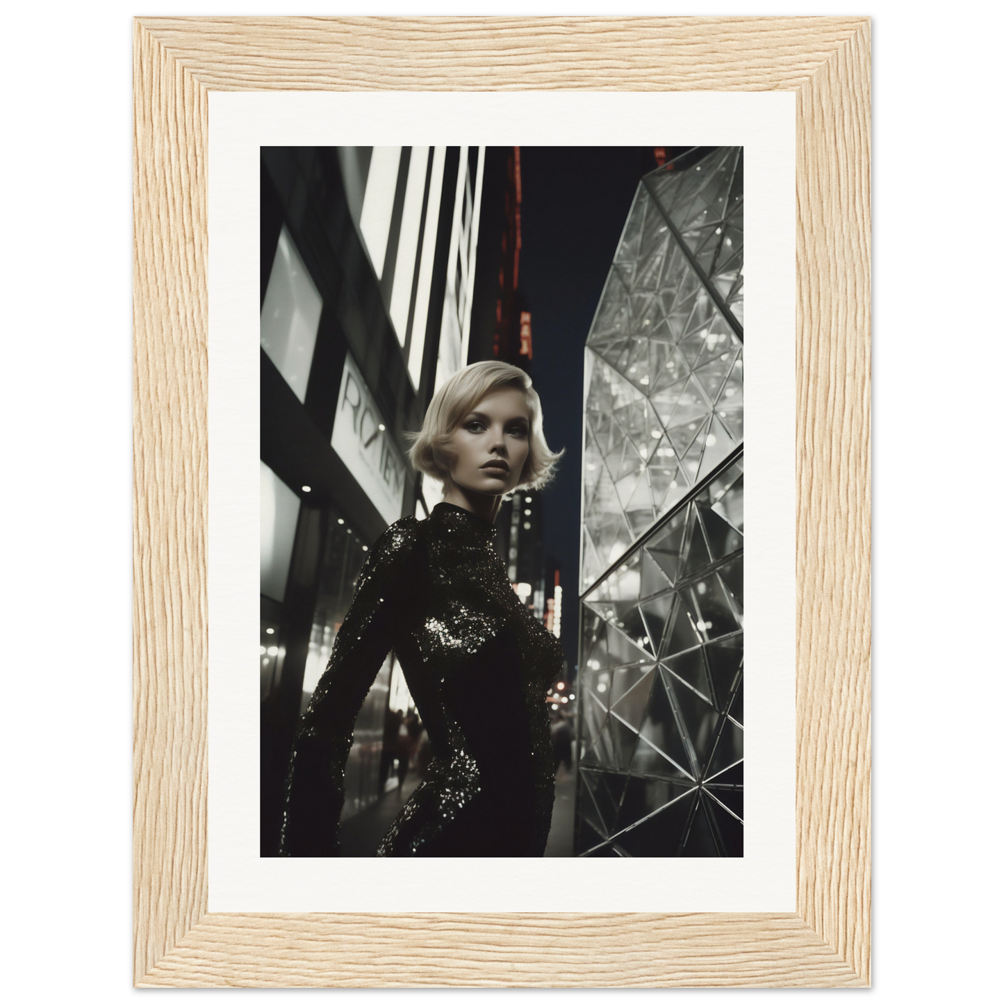 Framed black and white photograph of a woman in a sequined dress against an urban nighttime backdrop.