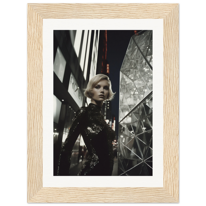 Framed black and white photograph of a woman in a sequined dress against an urban nighttime backdrop.