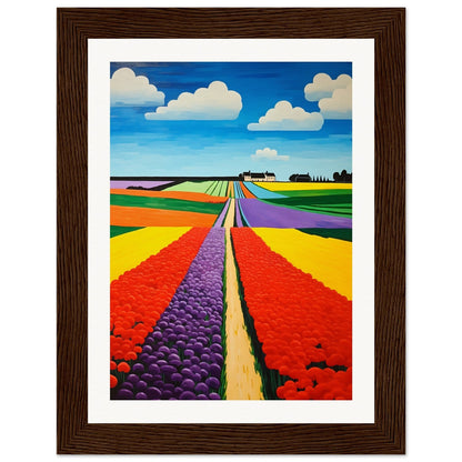 Colorful painting of flower fields stretching to the horizon.