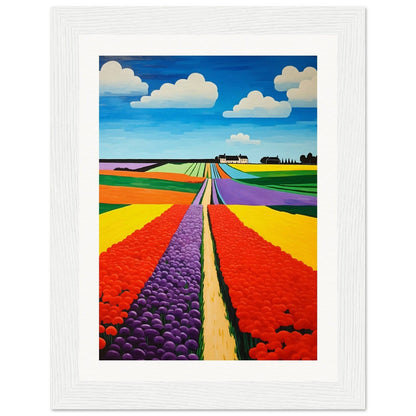 Colorful painting of flower fields stretching towards the horizon.