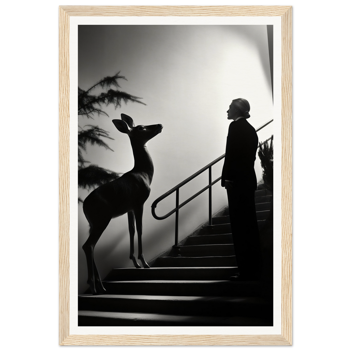 Silhouette of a person and a deer standing on stairs.