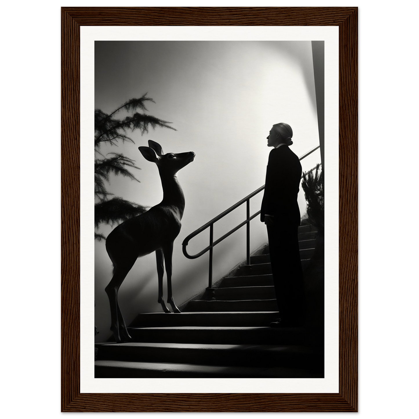 Silhouette of a person standing on stairs next to a deer-like animal.