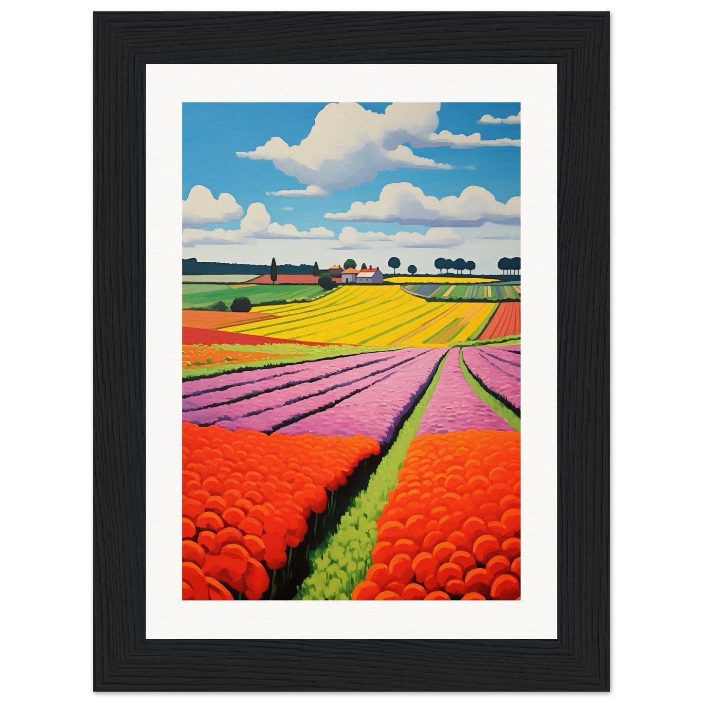 Colorful landscape painting of flower fields with vibrant stripes of yellow, pink, and orange blooms under a blue sky with puffy clouds.