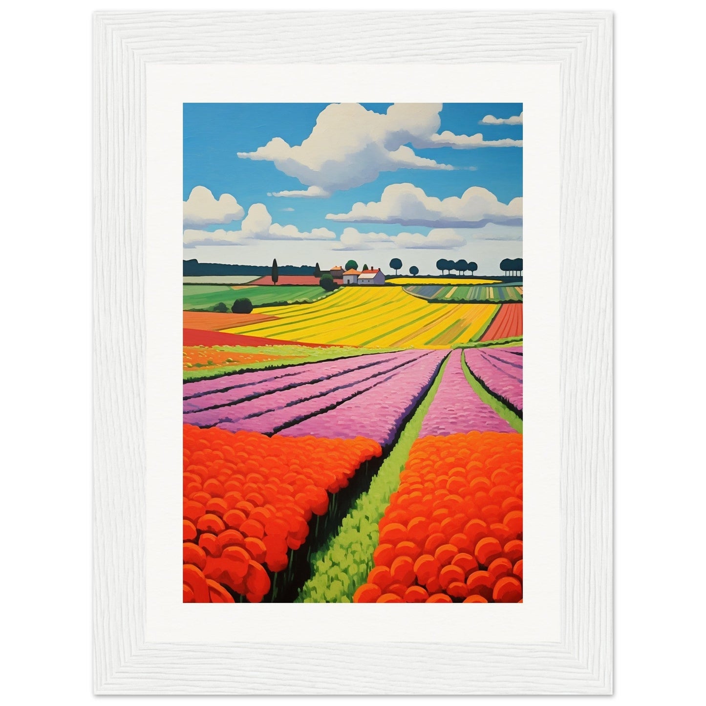 Colorful landscape painting of flower fields and farmland under a blue sky with puffy clouds.