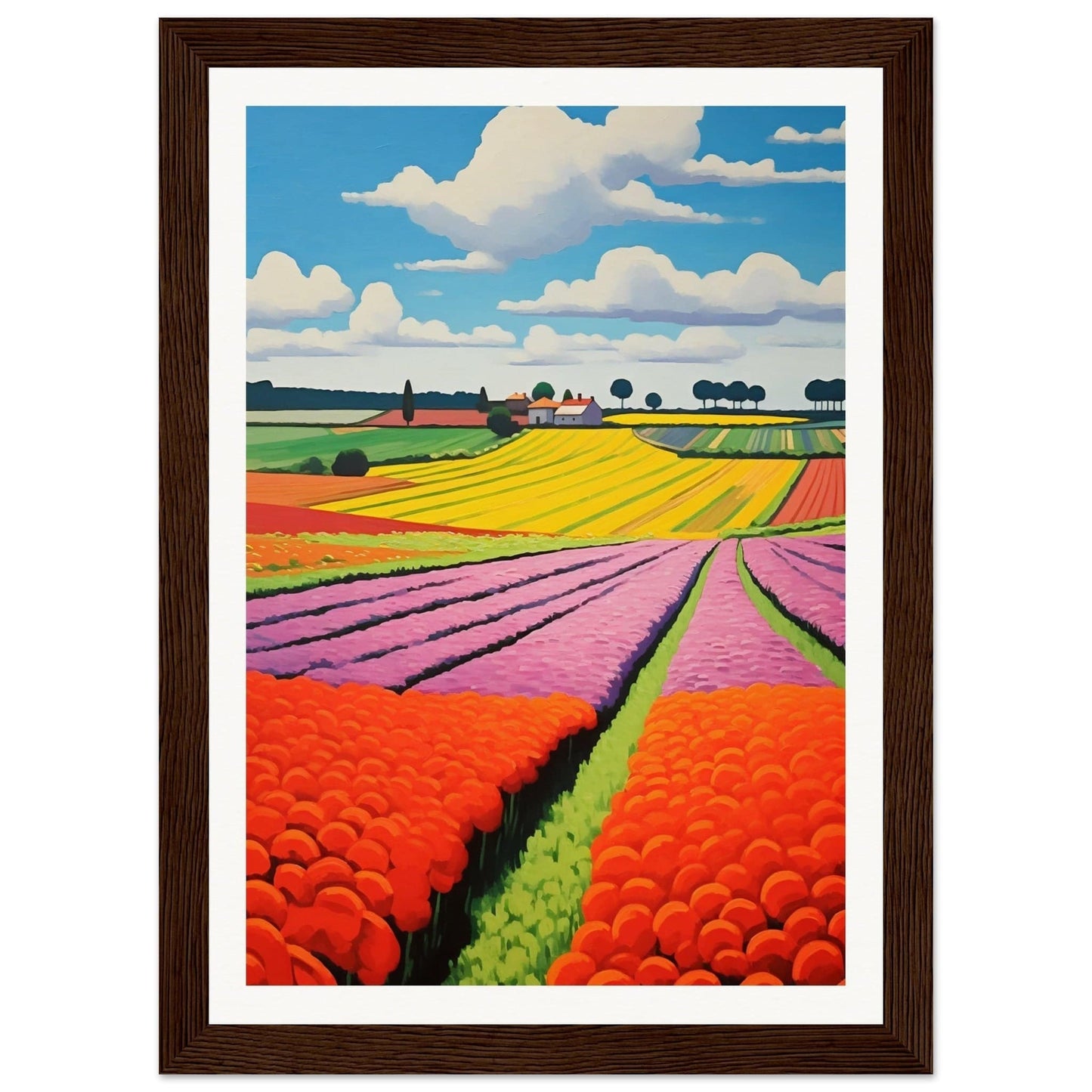 Colorful landscape painting of flower fields with vibrant stripes of red, yellow, and purple blooms.