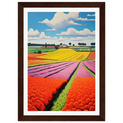 Colorful landscape painting of flower fields with vibrant stripes of red, yellow, and purple blooms.