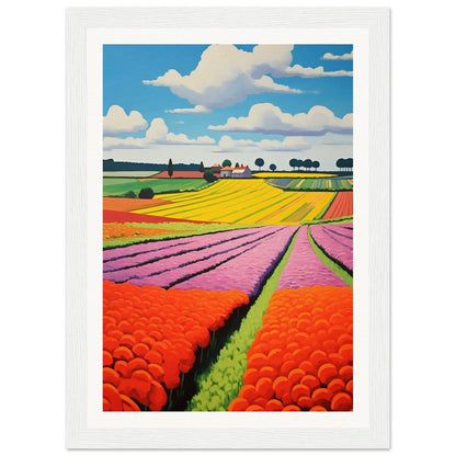 Colorful landscape painting of flower fields with vibrant stripes of yellow, pink, orange, and green.