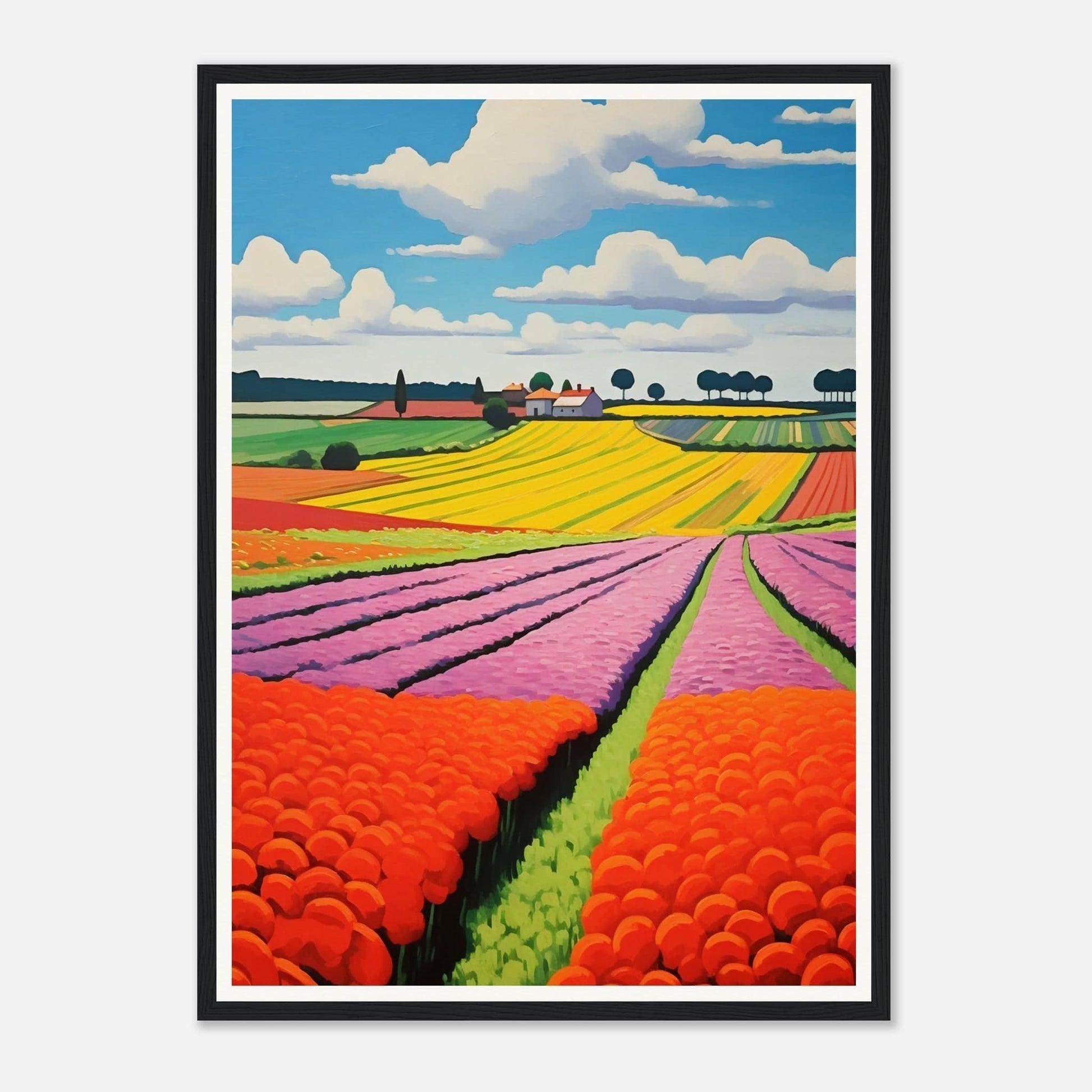 Colorful landscape painting of flower fields with vibrant stripes of different crops.