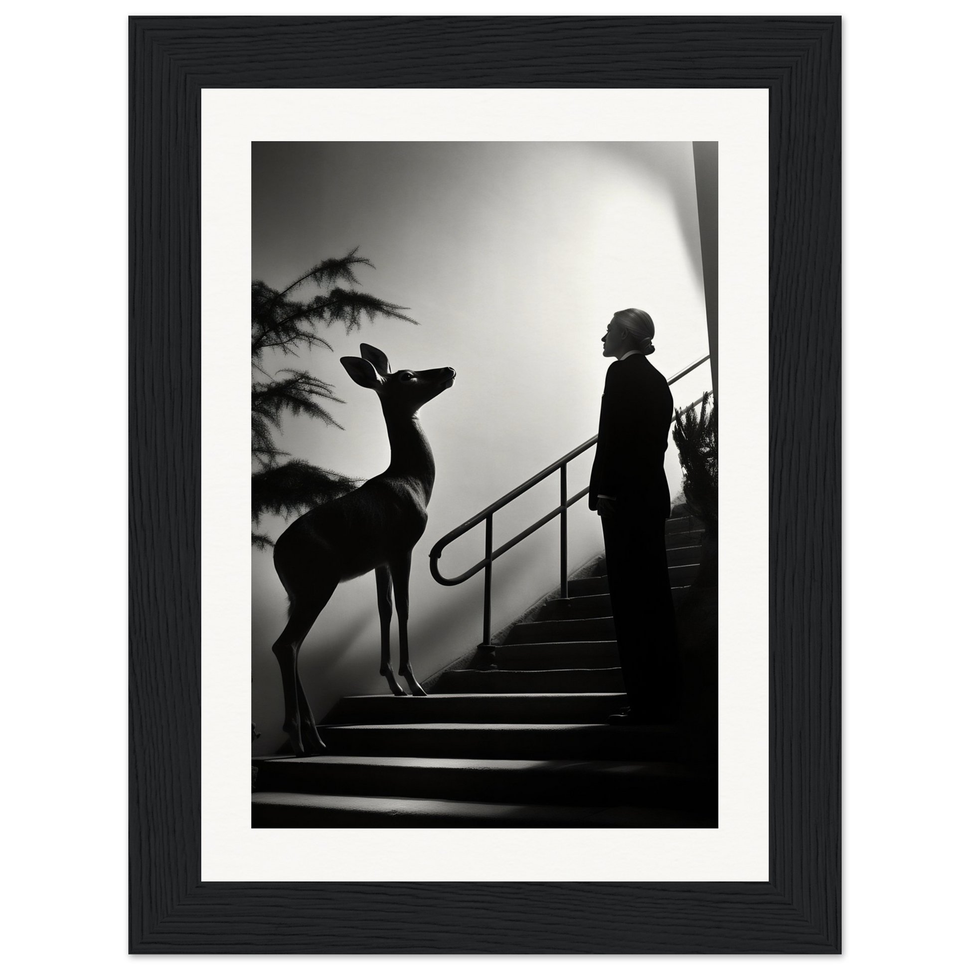 Silhouette of a person standing on stairs next to a deer-like figure.