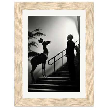 Black and white photograph of a person and a deer silhouette on stairs.