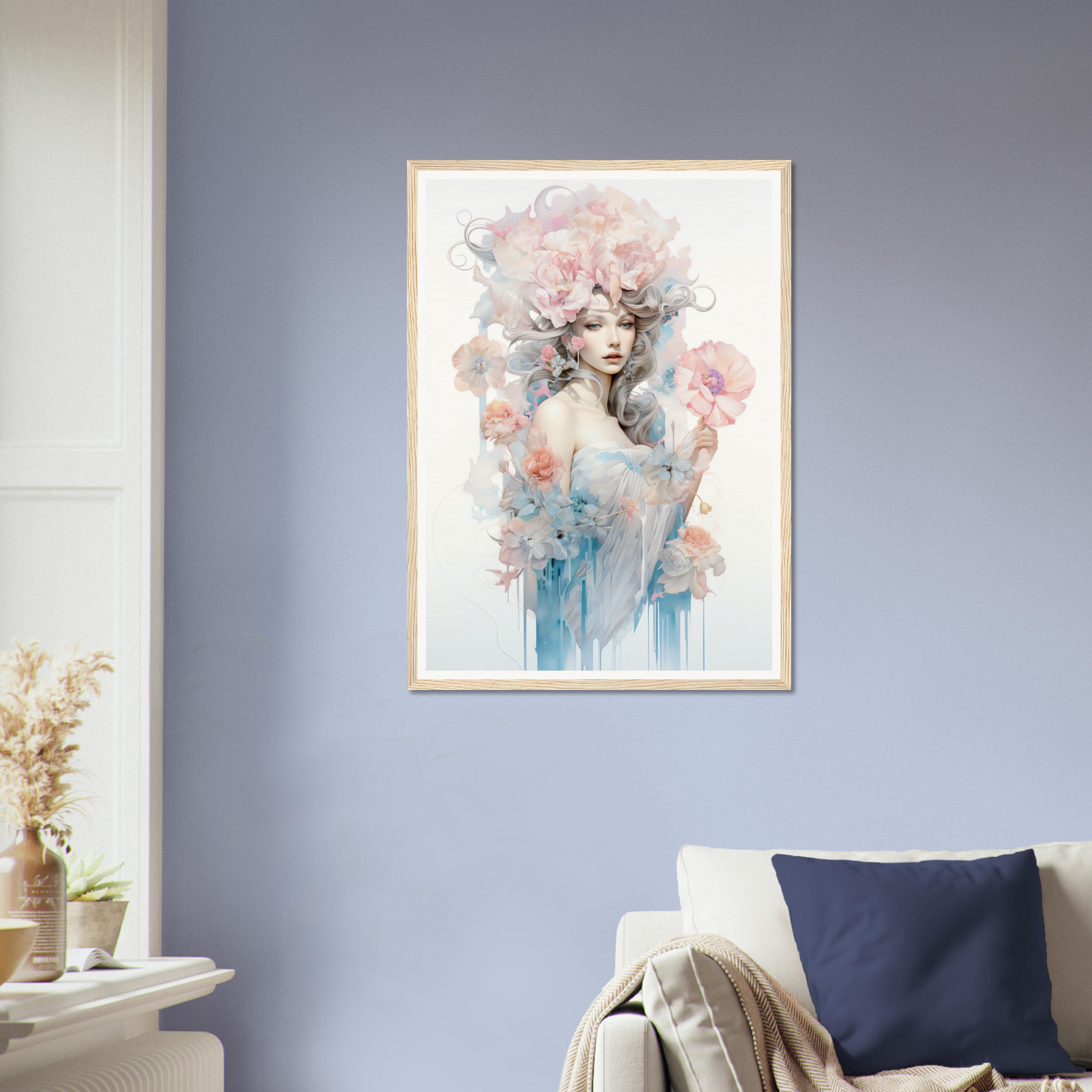 Framed watercolor portrait of a woman with pastel-colored hair and floral elements.