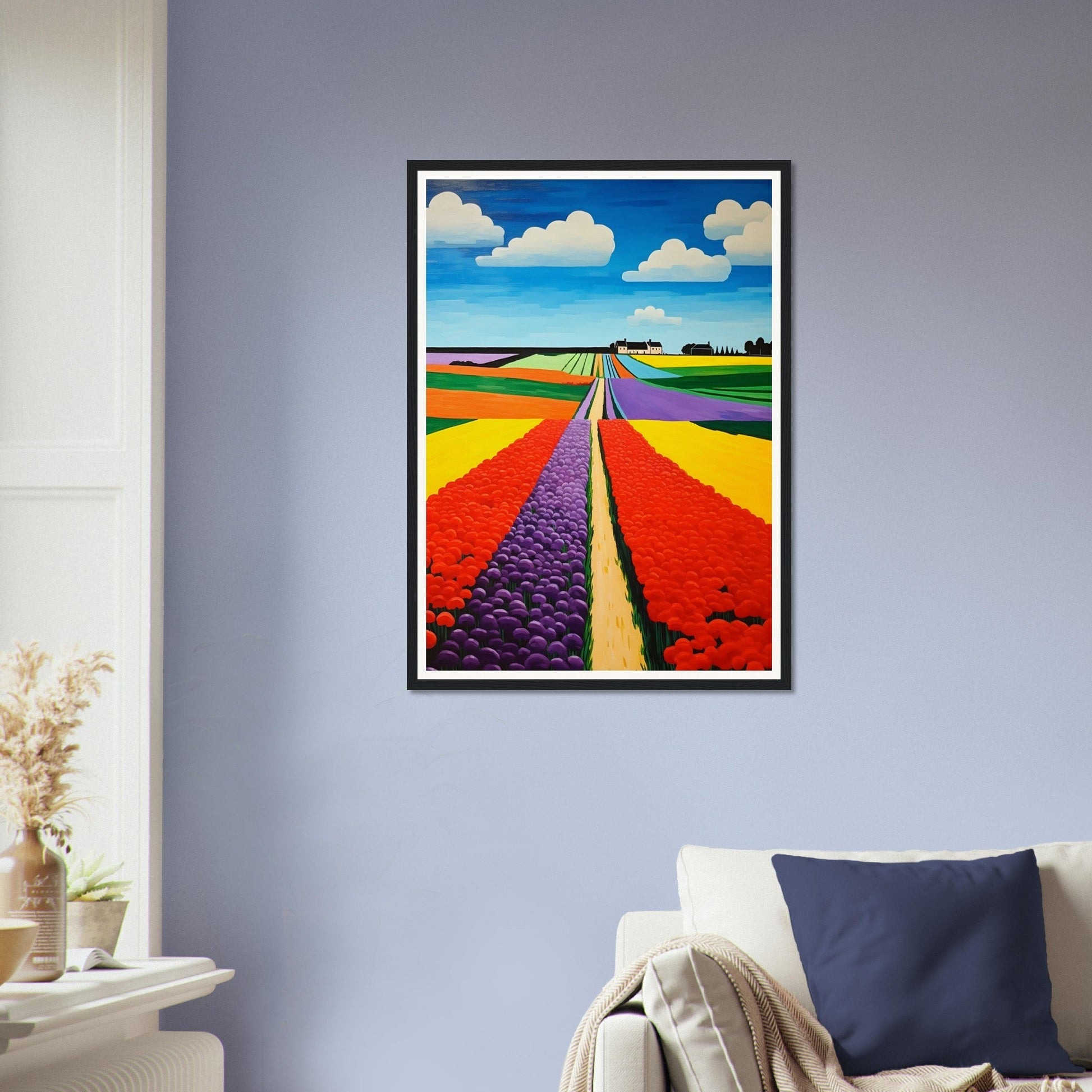 Colorful painting of vibrant agricultural fields stretching to the horizon.