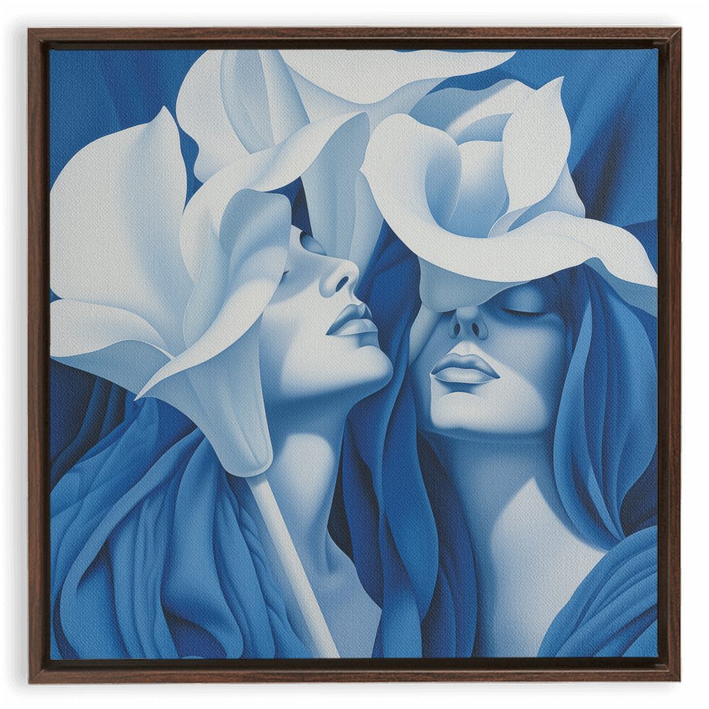 Surrealist painting depicting two figures with lily-like floral elements merging with their faces, rendered entirely in shades of blue.