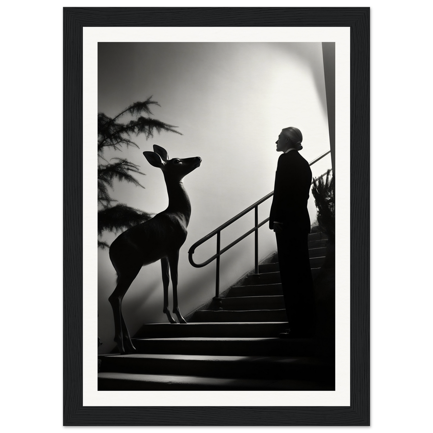 Silhouette of a deer and a person standing on stairs.