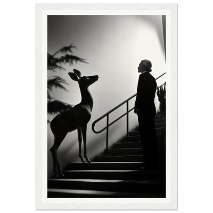 Silhouette of a deer standing on stairs facing a human figure.