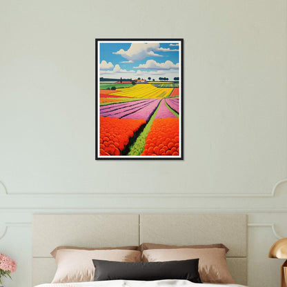 Framed colorful landscape painting of flower fields stretching to the horizon.