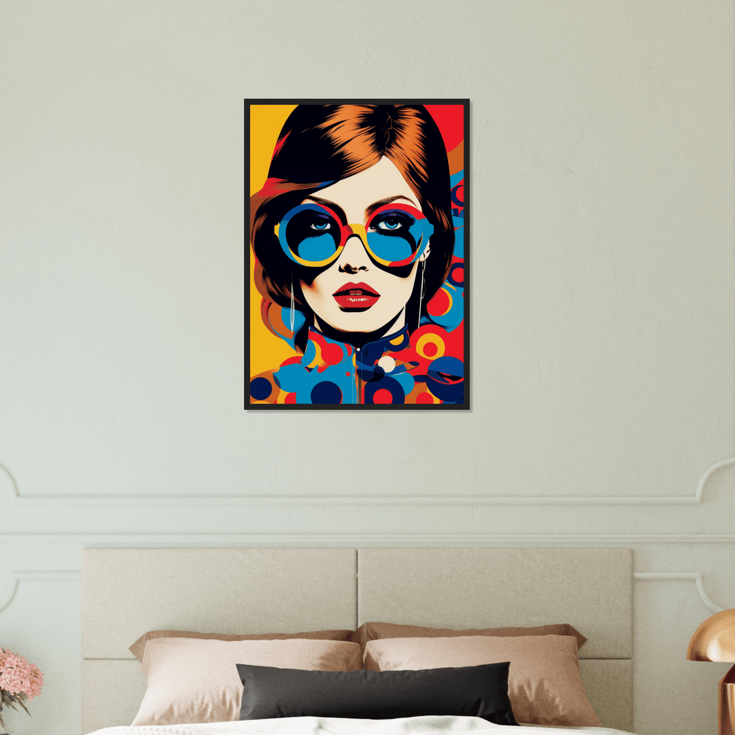 Colorful pop art-style portrait of a woman wearing blue sunglasses.