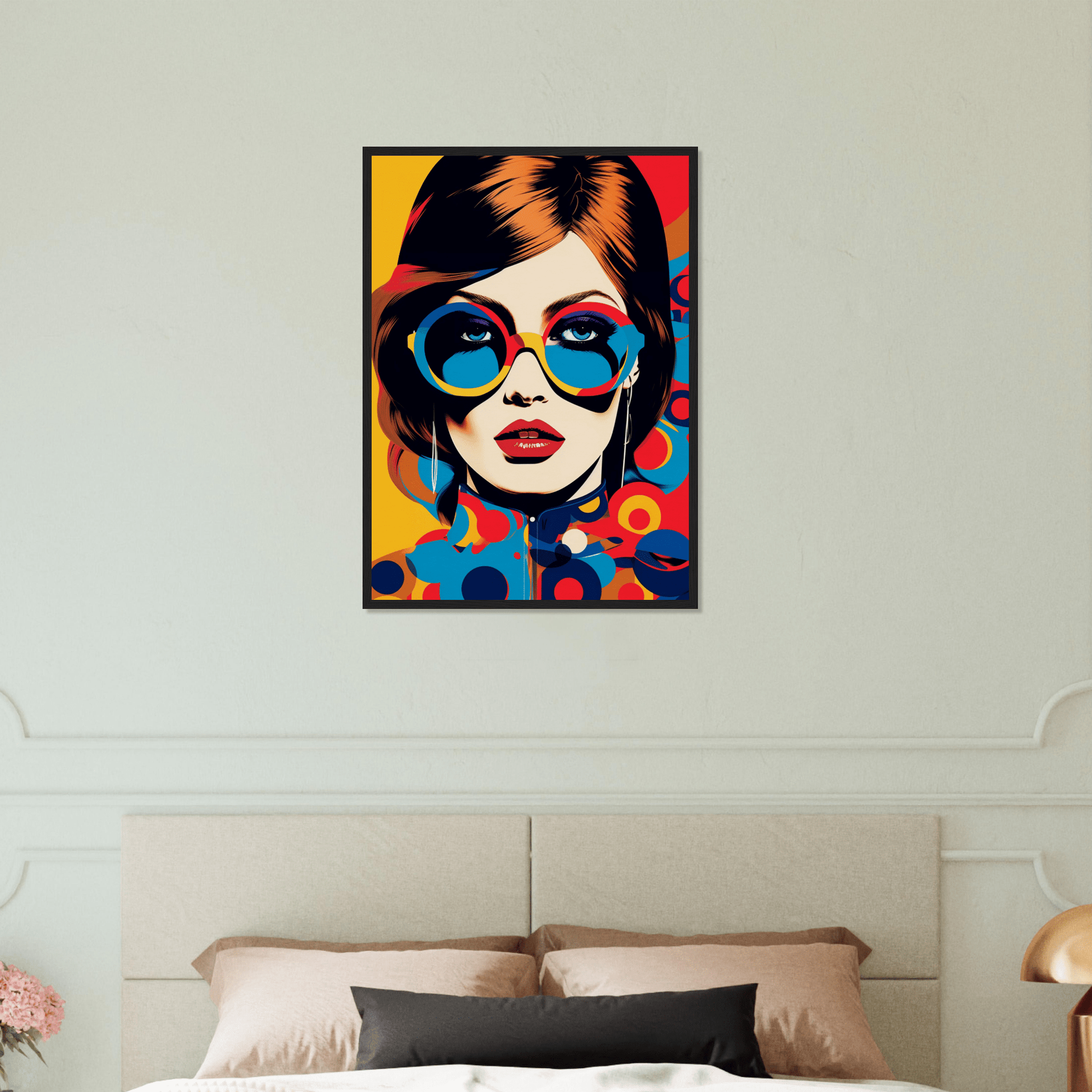 Colorful pop art-style portrait of a woman wearing blue sunglasses.