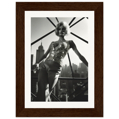 Black and white photograph of a woman in a sparkly bodysuit posing against a city skyline.