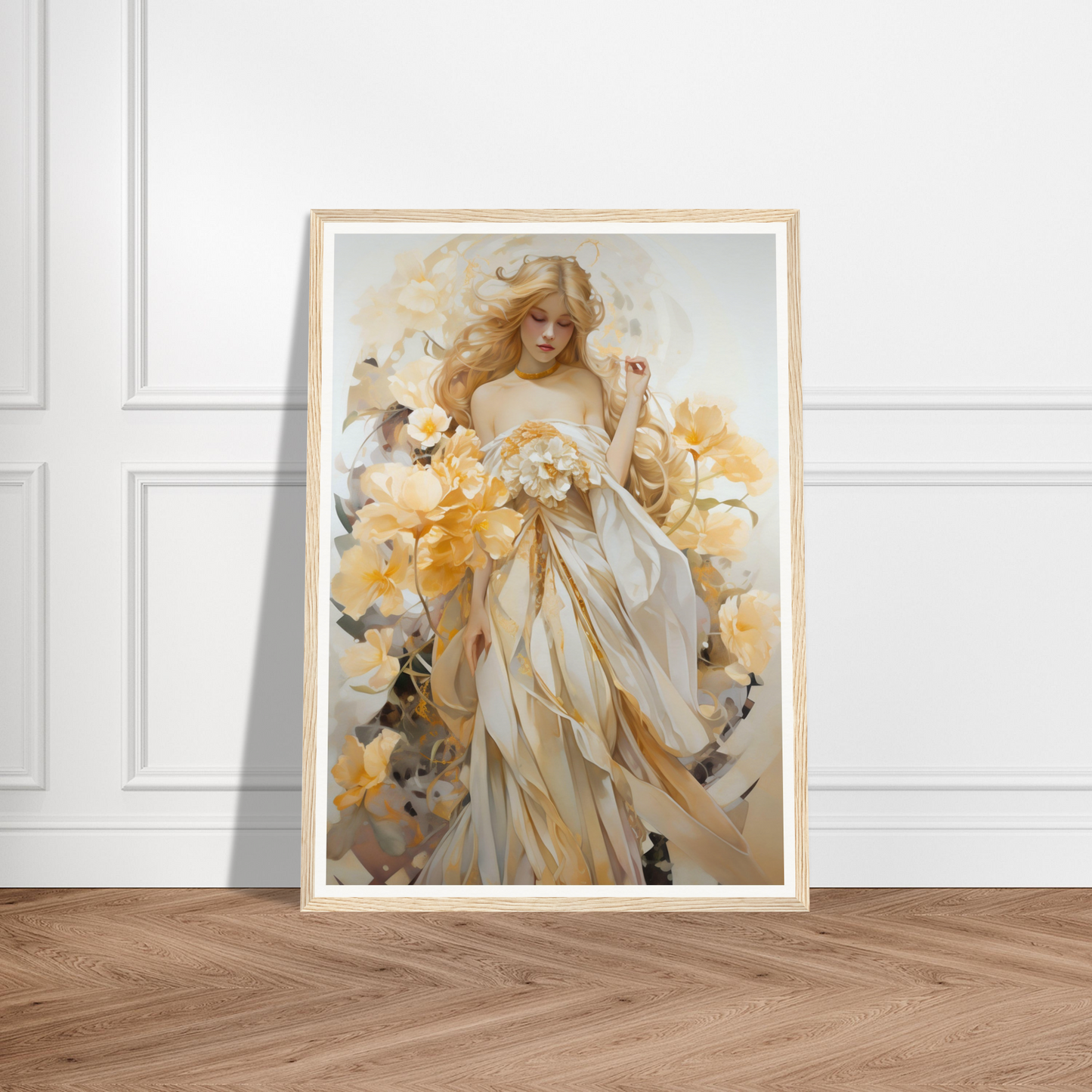 Framed painting of a woman in a flowing white dress surrounded by yellow flowers.