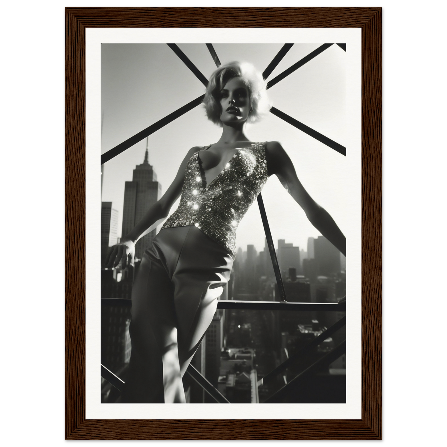 Black and white photograph of a woman in a sparkly leotard posing against a city skyline.