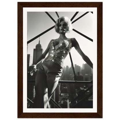 Black and white photograph of a woman in a sparkly leotard posing against a city skyline.