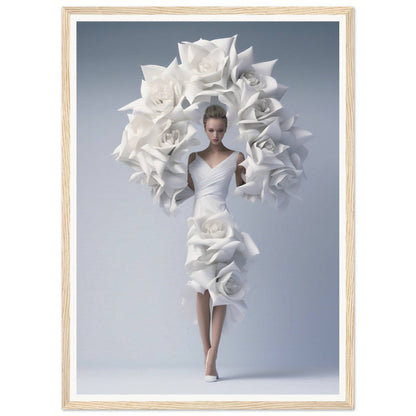 A person wearing an elaborate white dress with voluminous paper-like ruffles and folds surrounding their upper body.