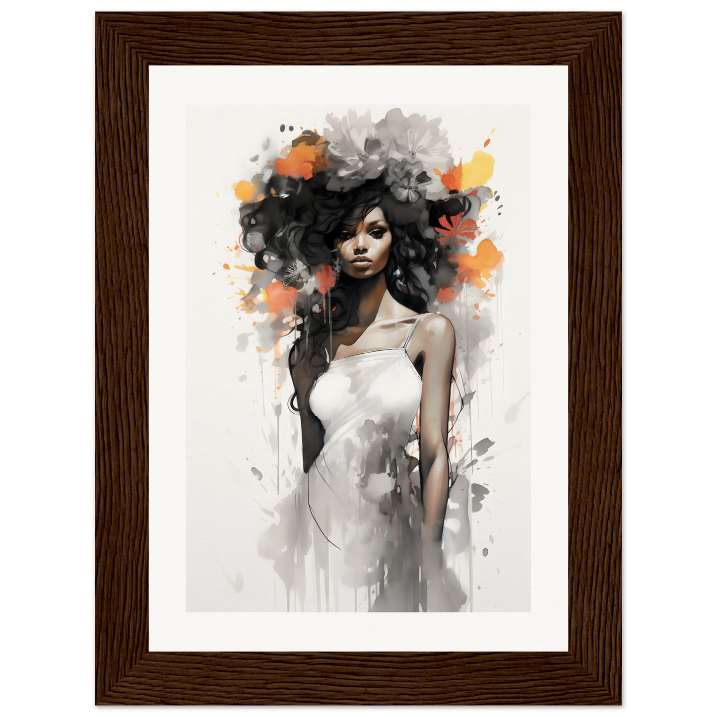 Artistic portrait of a woman with voluminous hair and a white dress, rendered in a watercolor and ink style with splashes of orange and black.