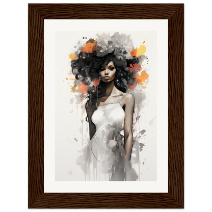 Artistic portrait of a woman with voluminous hair and a white dress, rendered in a watercolor and ink style with splashes of orange and black.