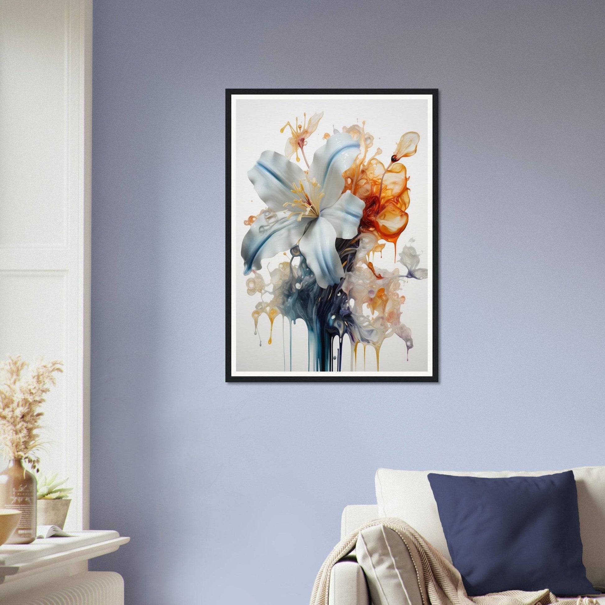 Framed watercolor painting of flowers with soft, flowing brushstrokes in white, blue, and orange hues.