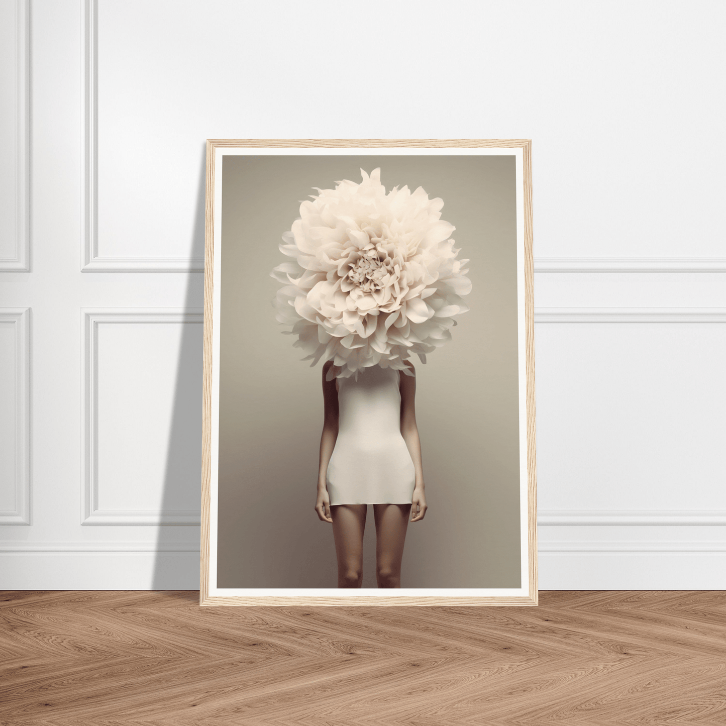 Surreal portrait of a figure wearing a short white dress with an oversized white flower bloom in place of their head.