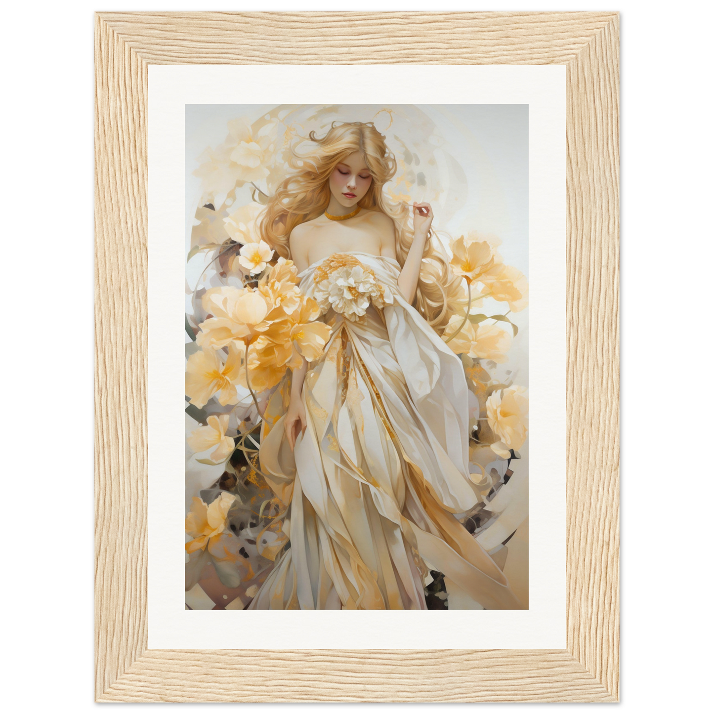 Painting of a woman in a flowing white dress surrounded by golden flowers.