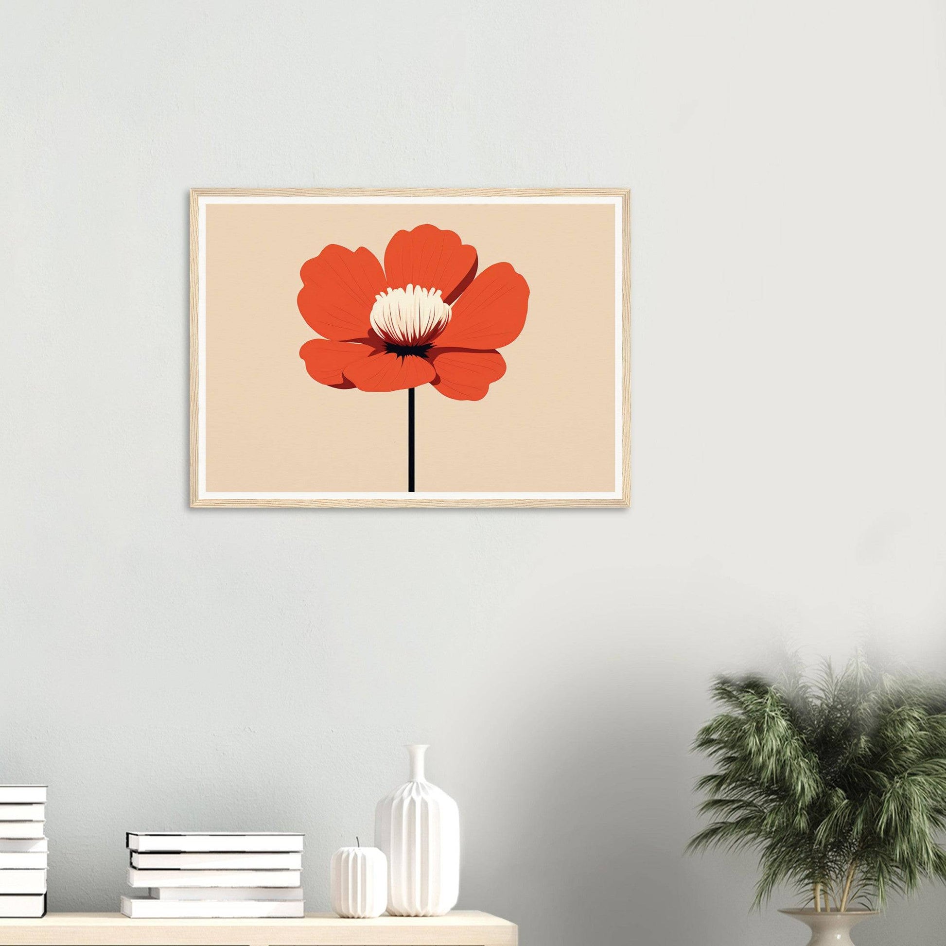 Framed artwork of a stylized red poppy flower against a beige background.