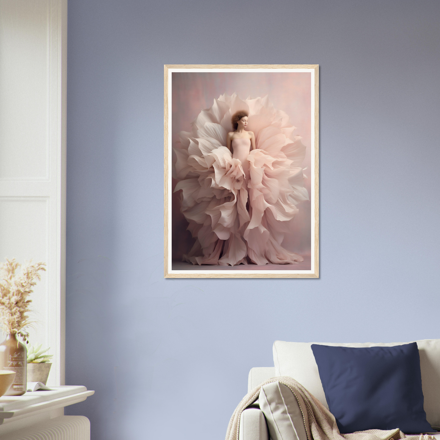 Framed artwork depicting a nude figure surrounded by billowing, ethereal fabric.