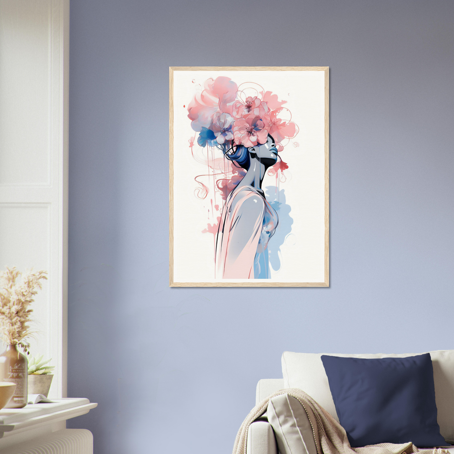 Framed watercolor painting depicting a stylized feminine figure with a floral head.