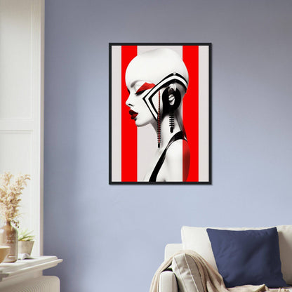 Framed artwork depicting a stylized profile portrait with bold red and white color contrast.