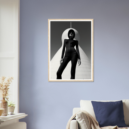 Framed black and white photograph of a silhouetted figure in a striking pose against a bright circular background.