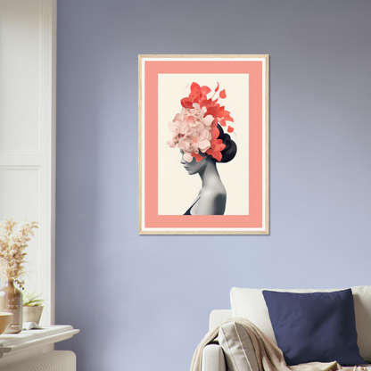 Framed artwork depicting a silhouette with floral hair against a pink background.